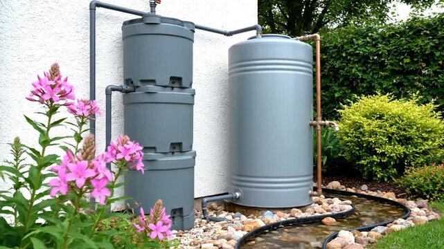 Grey Water Tank System with Pink Flowers in a Lush Green Home Garden