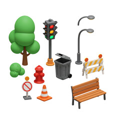 Collection of urban street furniture and traffic control elements on a black background