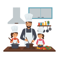 Father and two daughters cooking together in the kitchen, wearing chef hats and aprons, stirring pots on the stove.