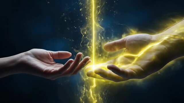 Magical Energy Exchange Between Hands - Two hands reach out to each other, exchanging a bright yellow stream of magical energy against a dreamy dark blue background.