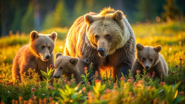Brown bear with cubs in meadow - Powered by Adobe