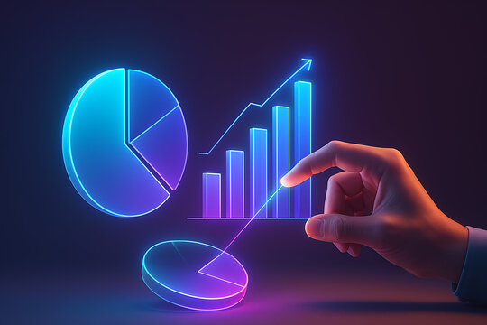 Hand pointing at holographic charts with glowing pie graph and rising bar graph, futuristic finance data visualization concept, digital technology analytics illustration, modern business innovation ba - Powered by Adobe