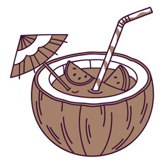 Coconut coctail with straw vector illustration. Tropical drink
