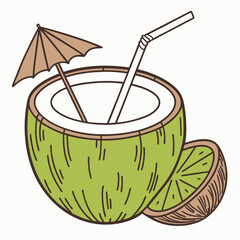 Coconut coctail with straw vector illustration. Tropical drink