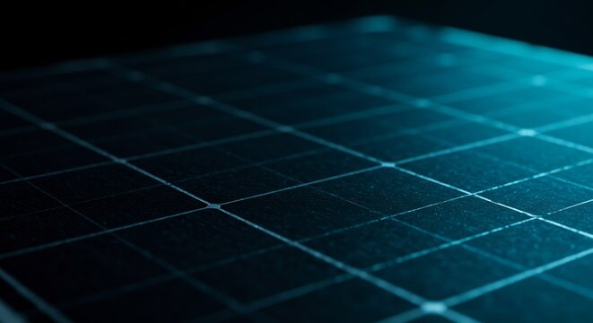 A detailed macro shot of a photovoltaic solar panel's surface, illuminated by a moody, cool blue light. The grid pattern represents clean energy and sustainable technology. - Powered by Adobe