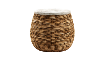 Woven water hyacinth basket with white lid on black background