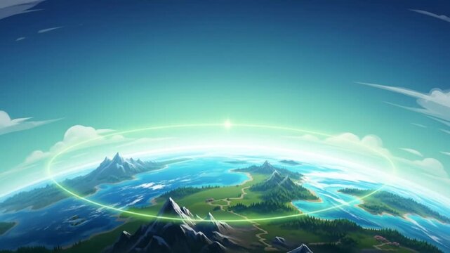 Illustration of the Earth from space with a green glow, representing chhath puja, a Hindu festival, with a serene landscape and blue sky.