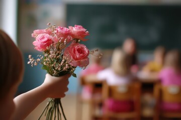 Children celebrate the start of school with flowers during the first bell event at a classroom in an enthusiastic atmosphere