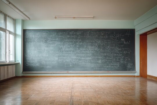 Classroom setting with a blackboard filled with mathematical equations, symbolizing academic preparation and student learning environment