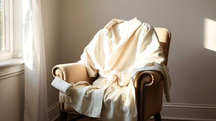 Linen robe draped over old chair, natural light filtering in