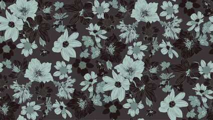 Flowers and leaves in vintage style, seamless pattern	
