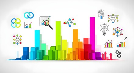 Vibrant 3D bar chart representing data analysis, business growth, and technological innovation with various conceptual icons on a clean white background.