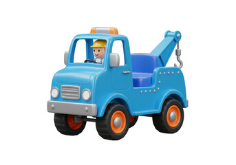 Fototapeta premium Bright blue toy tow truck with driver on a black background