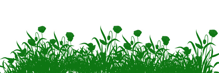 Green grass and flower silhouette border vector isolated on white background, perfect for spring, garden, nature, landscape, and decorative design projects. Minimal floral pattern art. Elegant natural