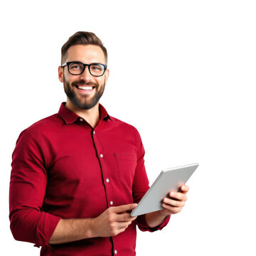 Smiling bearded man wearing glasses and red shirt holding a tablet computer isolated on transparent background