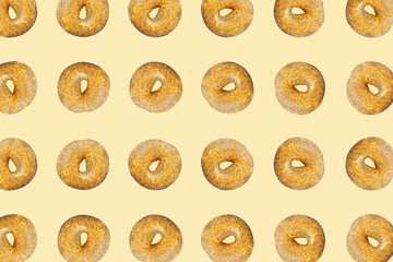 Bagel Pattern on Yellow Background, Round Bread Bun Minimal Wallpaper with Copy Space