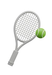 Modern 3D Tennis Sport Icon with Sleek Grey Racket and Green Ball on White.