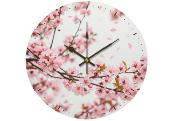 Oval wall clock featuring delicate pink cherry blossoms in full bloom against a white background