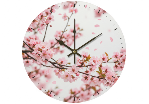 Oval wall clock featuring delicate pink cherry blossoms in full bloom against a white background