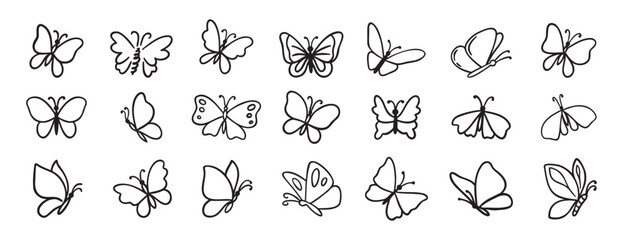 butterfly doodle hand drawn icon set. Outline drawing butterfly line clipart symbol collection