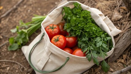 Reusable Fabric Pouch with Tomatoes and Parsley on Earthy Background