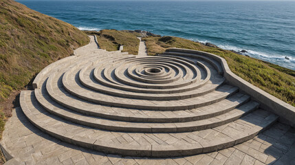 Obraz premium Concentric Chevron Rings Steps Leading to Ocean View