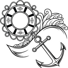 Illustration of an anchor and life buoy with seaweed