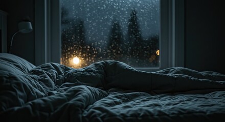 A made bed dominates the foreground with a window revealing rainblurred lights outside