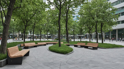 Fototapeta premium Curving Benches and Lush Green Trees in a Modern City Plaza