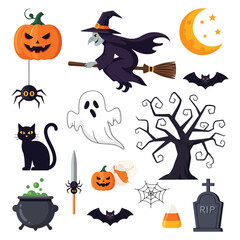 Halloween cartoon icons: witch, pumpkins, ghosts, bats, spiders, and spooky elements.