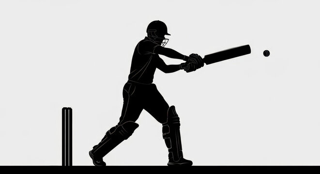 Dramatic silhouette of a cricket batsman striking the ball with power and precision