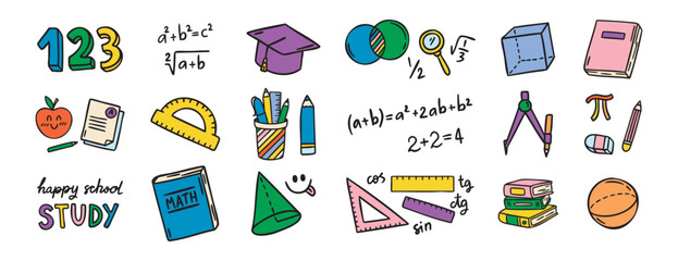 Math elements set, formulas and geometry, cute study kit, colorful, hand drawn