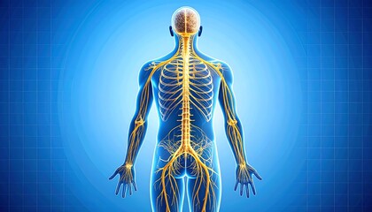 Detailed anatomical illustration showcasing the human nervous system, spinal cord, and nerves throughout the body.