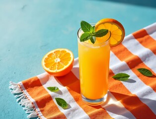 Refreshing orange juice cocktail garnished with mint and orange slice by the pool