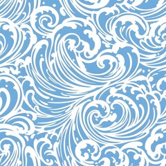 Ornate JapaneseInspired White Waves Swirling in a Seamless Blue Ocean Pattern.