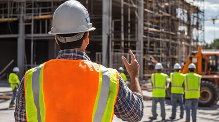 Construction foreman directing crew with hand signals