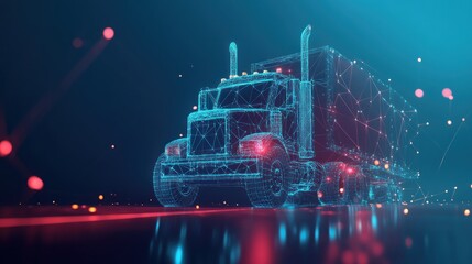 Futuristic truck, digital rendering, abstract lines, glowing network, highway