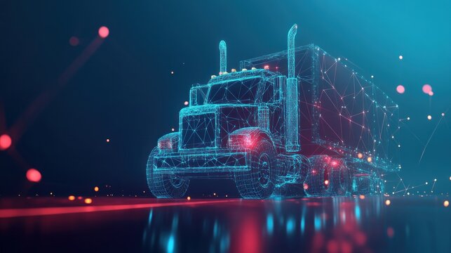 Futuristic truck, digital rendering, abstract lines, glowing network, highway
