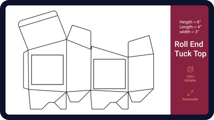 Printable Roll End Tuck Top Box DielinePrint 100% editable and Resizeable 