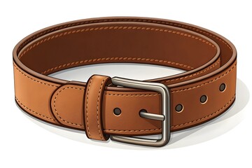 Brown Leather Belt with Silver Buckle Illustrated on White Background illustration
