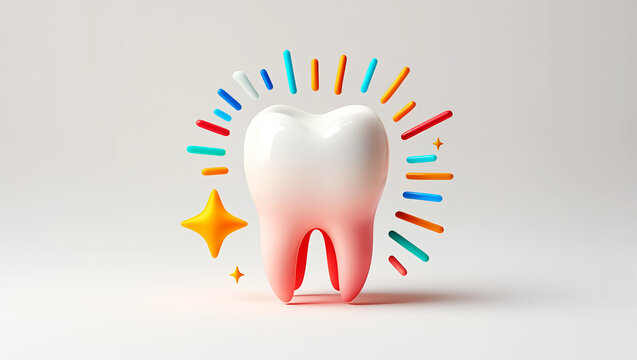 Healthy tooth with colorful rays and stars dental hygiene