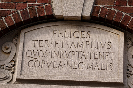 A detailed close-up of an antique stone plaque with Latin text, "FELICES TER ET AMPLIVS QVOS INRVPTA TENET COPVLA NEC MALIS," elegantly carved in capital letters. The plaque, set within an ornate
