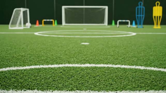 Indoor Soccer Field with Training Equipment - A close-up shot of an artificial turf soccer field with white lines, showing out-of-focus goals, cones, and training dummies in the background.