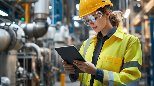 Female engineer wearing safety glasses using tablet in plant