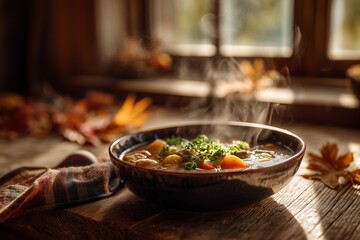 Warm bowl of steaming vegetable soup with colorful ingredients, placed on rustic wooden table, surrounded by autumn leaves and soft natural light creating a cozy atmosphere
