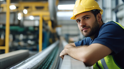 Male worker leaning on railing, observing conveyor belt operation