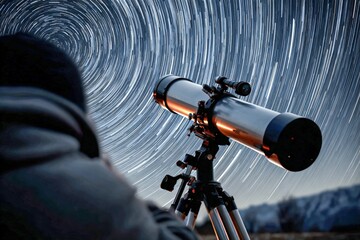Gazing stars through a telescope at night