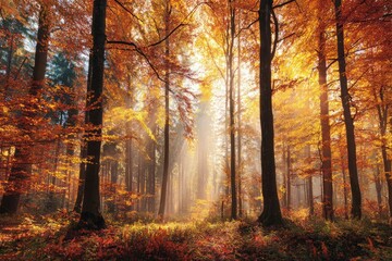 Fototapeta premium Golden sunlight streaming through vibrant autumn forest trees