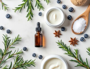Natural skincare ingredients and products arranged artfully with botanicals