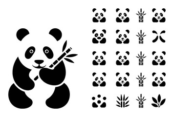 Adorable Panda Icons and Bamboo Illustrations on White Background